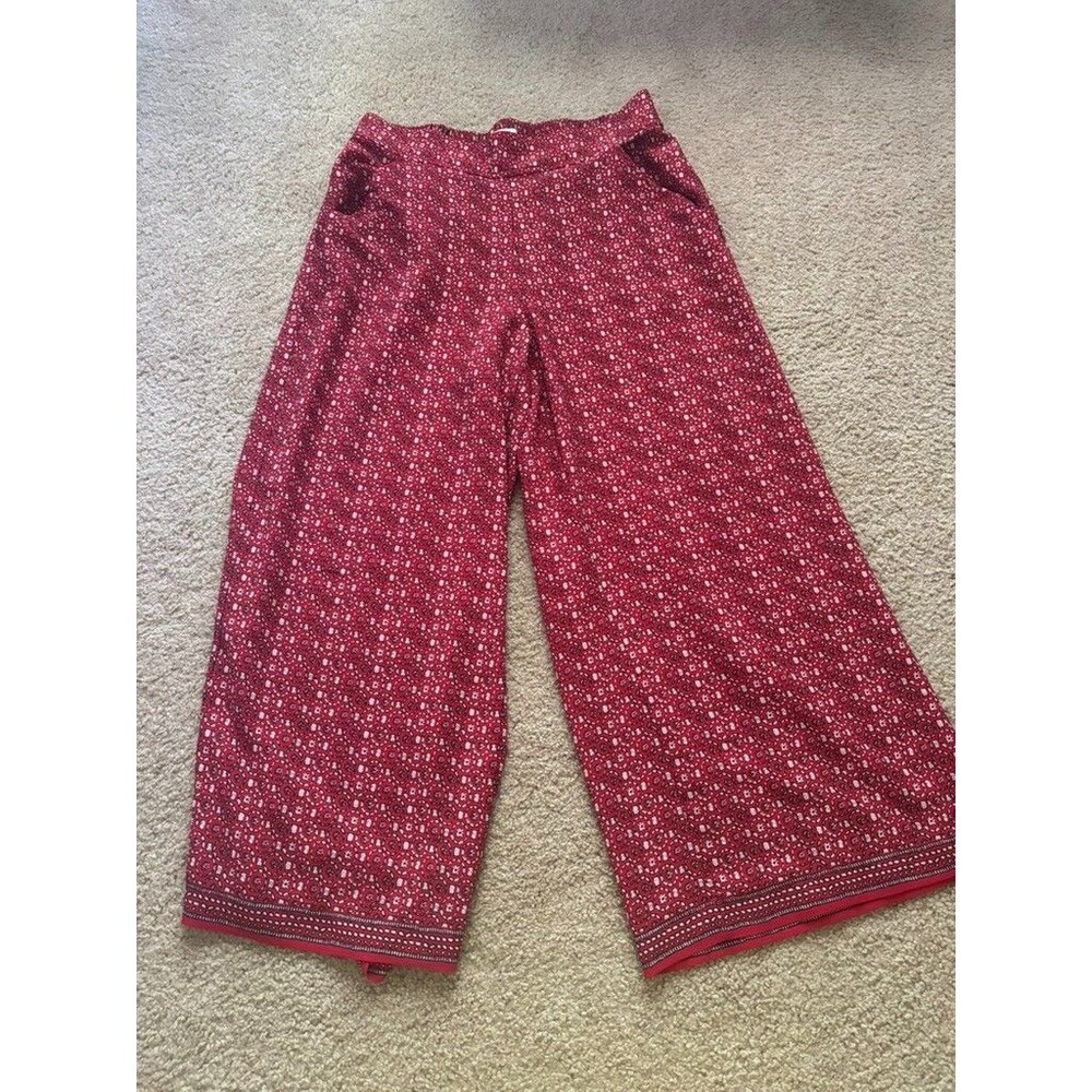 Max Studio Wide Leg Crop Trousers Size L Red Floral High Rise Breathable